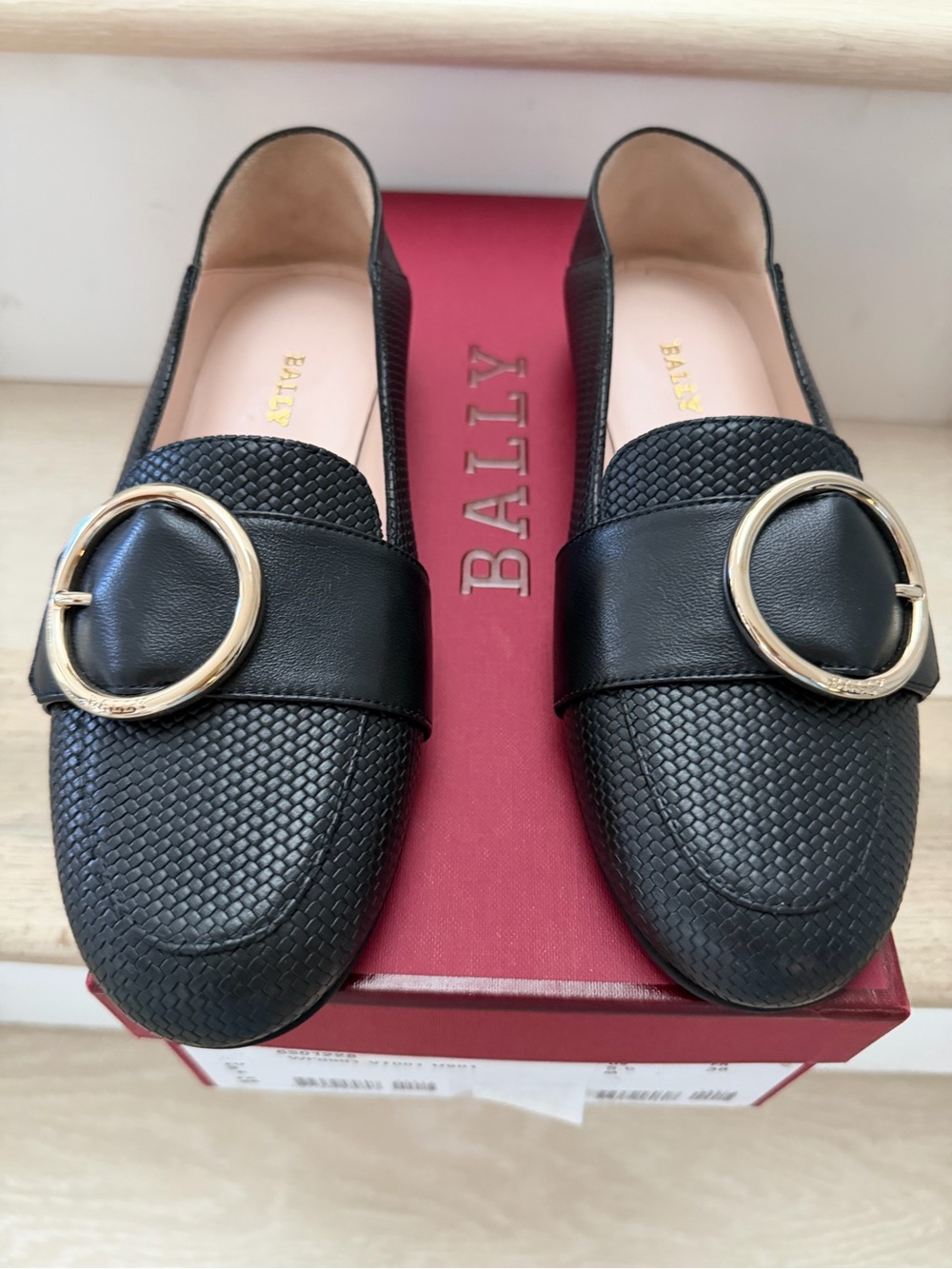 Bally Black Textured Leather Loafers with Gold Round Buckle